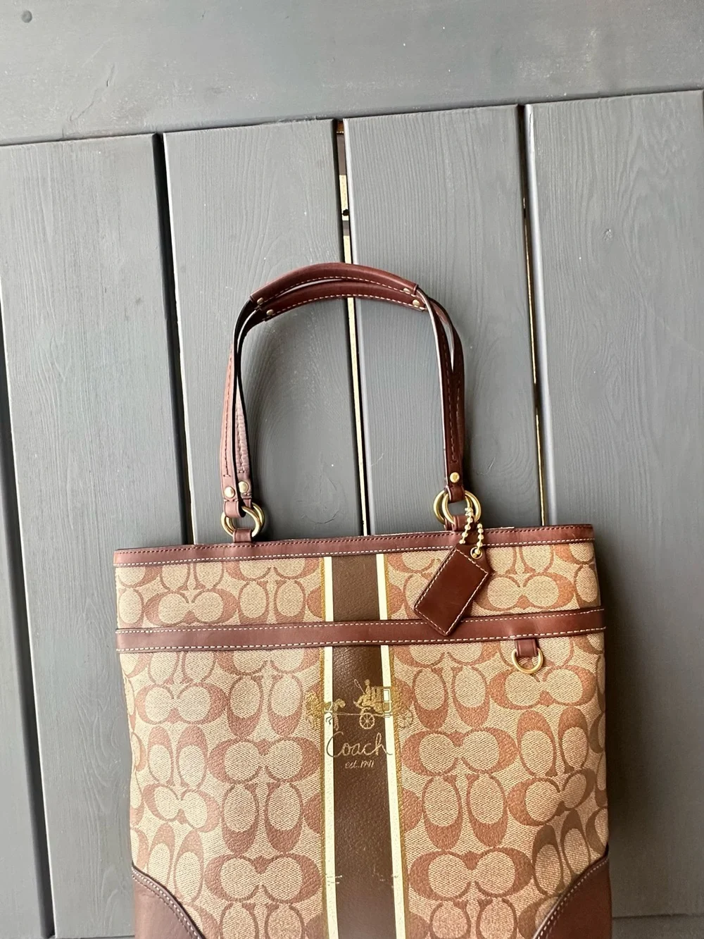 Coach Brown Signature Canvas Tote with Cream Stripe